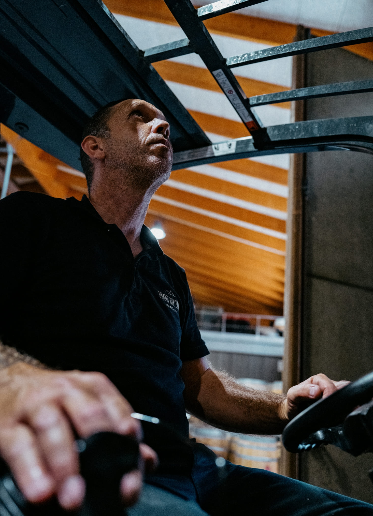 A worker at Brane-Cantenac in a forklift truck, looking upwards.